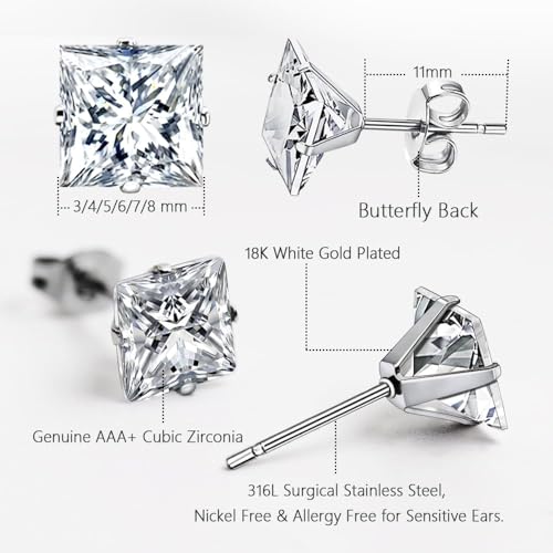 Stainless Steel Stud Earrings Set for Men, 18K White Gold Plated Square Cubic Zirconia Studs Hypoallergenic Mens Earrings Pack 6 Pairs for Men Women3