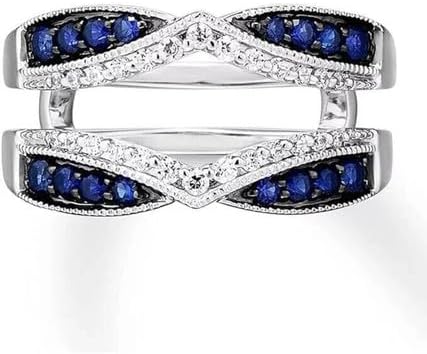 Yash Diam Jewel 14K White Gold Plated 925 Sterling Silver Round Cut Created Blue Sapphire and White Diamond V Shape Prong Set Wedding Engagement Enhancer Guard Ring (3 CT)