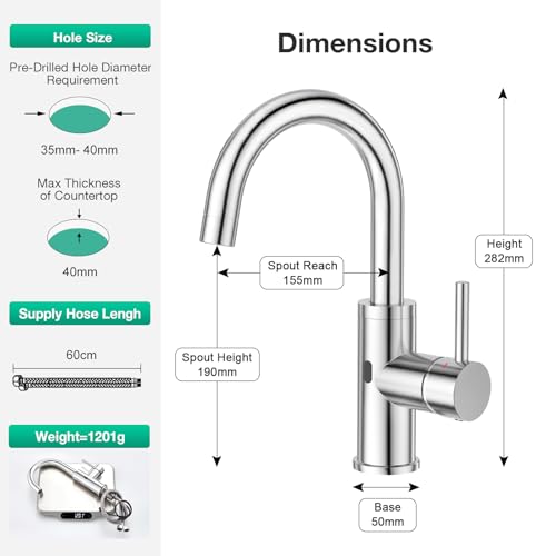 CREA Infrarot Wasserhahn 360° drehbar mit Automatischer Sensor Berührungslose, Einhebelmischer Armatur für Waschbecken Bad/Spülbecken Küche aus Edelstahl poliert verchromt