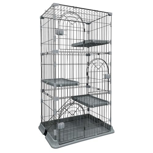 Cat Enclosure 4 Tier Metal Cat Cage Indoor Large Kitten Enclosures Playpen Catio Kennels Pet Crate with Ladder Playpen for 1-3 Cats （ Grey 76.2 x 50.8 x 133.35cm）
