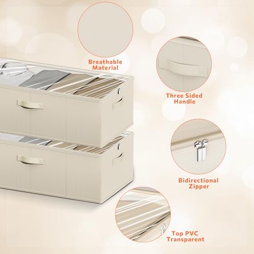 Chizjox 2 Pack Under Bed Storage Containers, 10 Inch Tall Underbed Clothes Storage Organizer Bin with Clear Window，Foldable Box Basket for Clothes, Closet, Bed Sheets and Blankets Beige — view 6