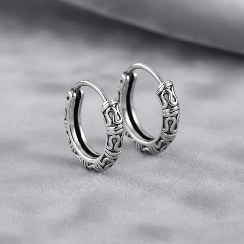 Image of VAMA FASHIONS Oxidised Silver Hoop Earrings in Tribal Bali Design Lightweight Ethnic Look Ear Accessories for Men