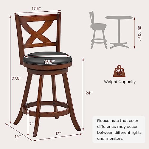 GIANTEX Butacos de Barra de 24" Set de 2, Taburetes Giratorios 360° para Barra con Respaldo, Marco de Madera de Caucho Sólido, Asiento Tapizado en Cuero Sintético Vintage para Isla de Cocina y Bar en Casa miniatura 3
