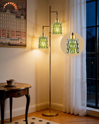 Image of 65IN Glass Floor Lamp, 2-Light Gold Standing Tall Lamps Dimmable with Green Glass Lampshade, 3000K Warmwhite Mid Century Modern Floor Lamp with 5Lbs Heavy Base for Living Room /Bedroom /Corner