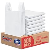 Fuxury ( 500 Pack Plain White Plastic Bags with Handles for Small Business in Bulk, T Shirt Shopping Bag for Restaurant, Grocery, Kitchen Trash, Retail Merchandise and Store Bags (11.5x 6.5 x 21”)