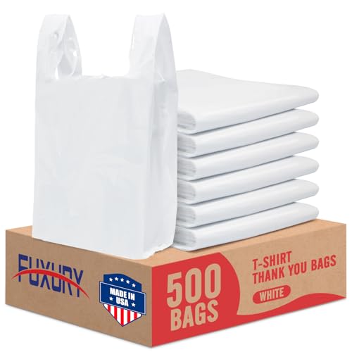 Fuxury (500 Pack) Plain White Plastic Bags with Handles for Small Business in Bulk, T Shirt Shopping...