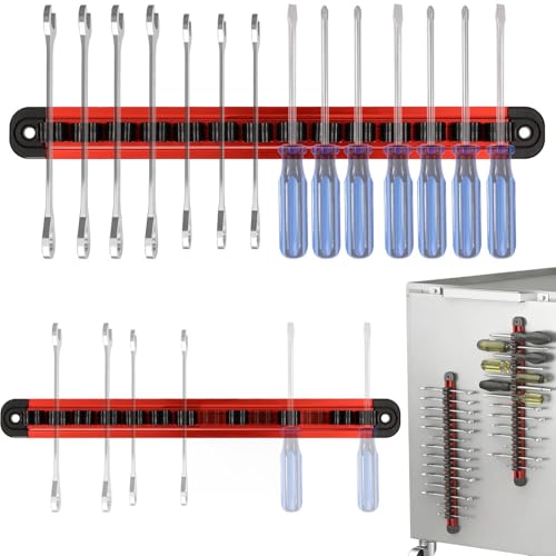 Ezzylife Screwdriver Organizer and Wrench Organizer - Heavy Duty Aluminum Storage Rail Magnetic Tool Holder with 14 Adjustable Clips Sturdy Space for UK Garage Workshop & Toolbox (2 PCS)