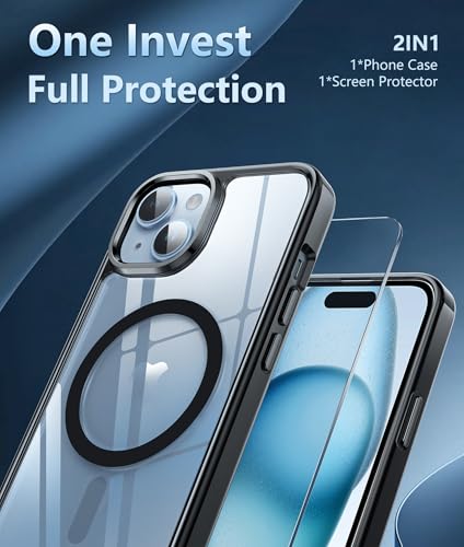 Image of FNTCASE for iPhone 15 Case Clear: iPhone 14 /13 Case Magnetic Phone Cases with Screen Protector Compatible with Magsafe Slim Anti Yellowing Rugged Protective Transparent Cell Cover (B-Black)
