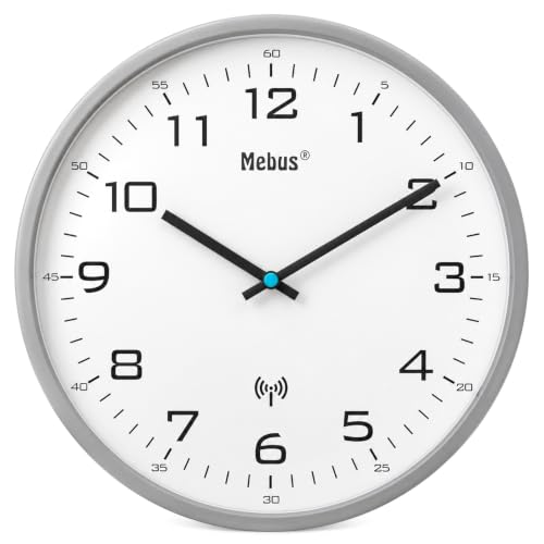 Mebus 13081 Horloge Murale Radio-pilotée silencieuse avec Cadre Gris et Cadran Blanc 30 cm