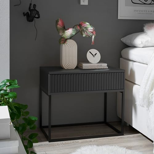 MARLE Nachttisch in Graphit - Moderner Nachtschrank mit Schublade und schwarzem Metallgestell - 60 x 52 x 38,5 cm (B/H/T)