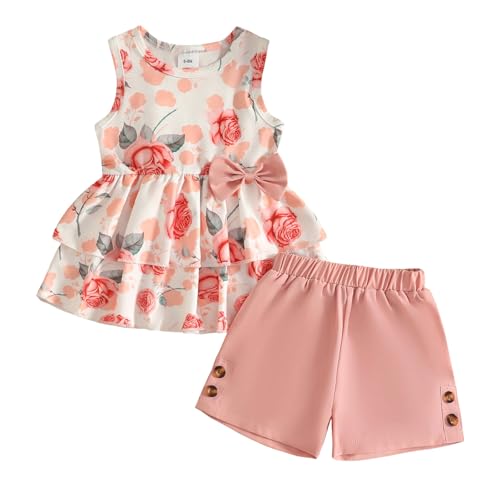 Eqenkely Conjunto de 2 piezas de Camiseta Tops Estampados Florales y Pantalones Cortos con Cintura Elástica para Bebé Niña Rosa 2 3 Años