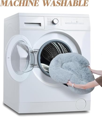Image of ZEXSAZONE Plush Donut Dog Bed for Dogs & Cats | Soft Calming Anti-Anxiety Pet Bed | Warm Cozy Winter Dog Bed for Puppies | Washable Round Bed (Grey Small)