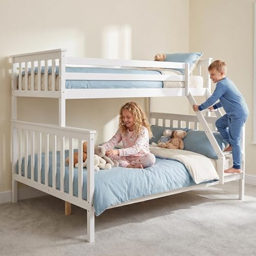 Image of Panana Triple Bunk Bed, Triple Sleeper, Solid Pine Wood Bed Frame, with Guardrail and Ladder, Double 4ft6, Single 3ft (White)