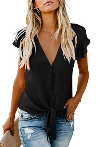 Shawhuwa Womens Solid Button Down Ruffle Sleeve Deep V Neck Chiffon Tops Summer Casual Loose Blouse Shirts Black M