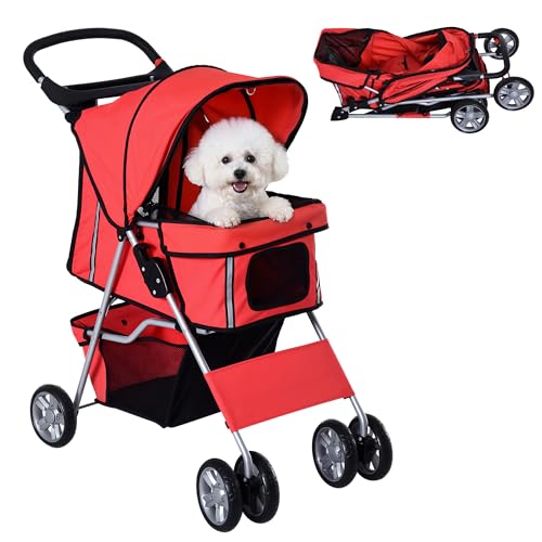 PawHut Pet Stroller for Small Miniature Dogs Cats Foldable Travel Carriage with Wheels Zipper Entry Cup Holder Storage Basket Red