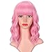 AISI BEAUTY Pink Wig with Bangs Short Wavy Bob Wig Synthetic Shoulder Length Pink Wigs for Women 14 Inch