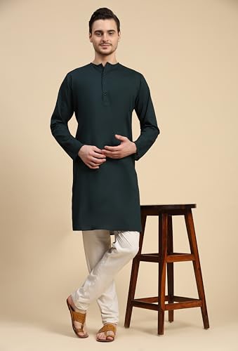Image of SKAVIJ Men's Pure Cotton Solid Kurta Pajama Set Round Neck Casual Yoga Dress (KP096green Green L)