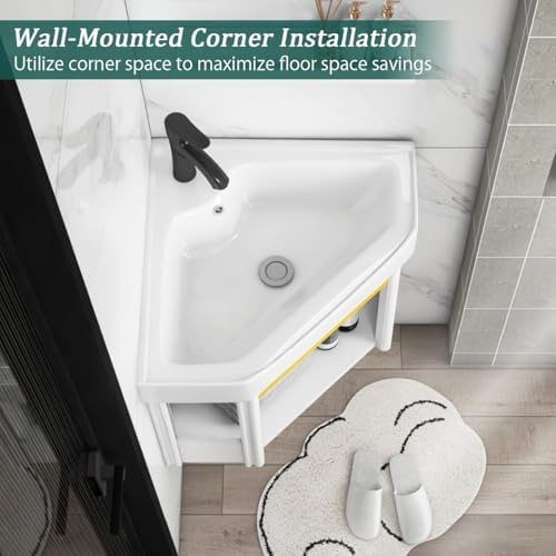 Corner Wall Mount Bathroom Sink with Floating Cabinet, Modern Vessel Design with Overflow, Space-Saving Utility Sink for Small Bathrooms,White15In/38Cm,White15In/38Cm