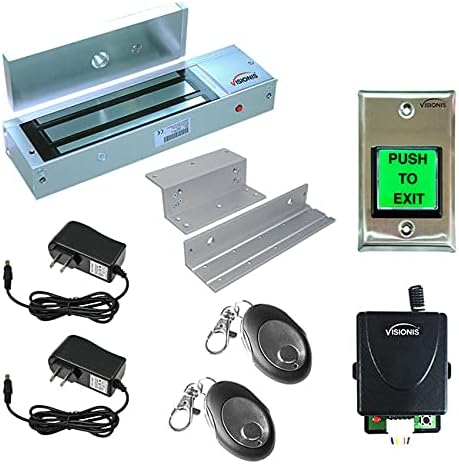 Visionis FPC-8515 One Door Access Control System Inswing Door 1200lbs Electromagnetic Lock + LED Request to Exit Button with Time Delay + Wireless Receiver and Remote for Door Access Control
