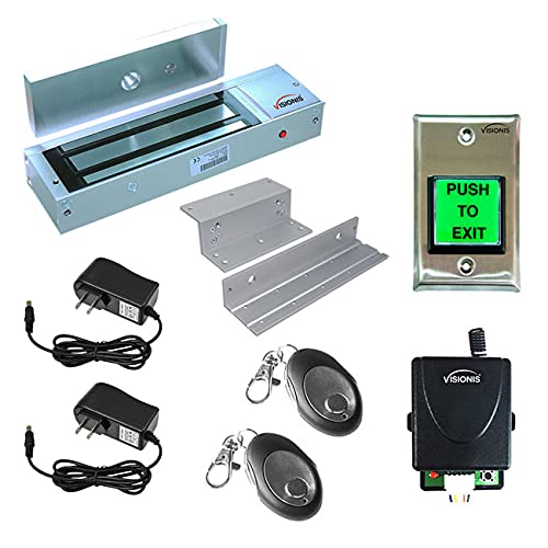 Visionis FPC-8515 One Door Access Control System Inswing Door 1200lbs Electromagnetic Lock + LED Request to Exit Button with Time Delay + Wireless Receiver and Remote for Door Access Control