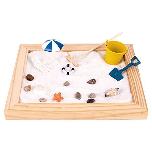 Deluxe Wooden Zen Sand Garden with Beach Toys, Shells, Rocks, Sand, and Rake (Model# RG-005)