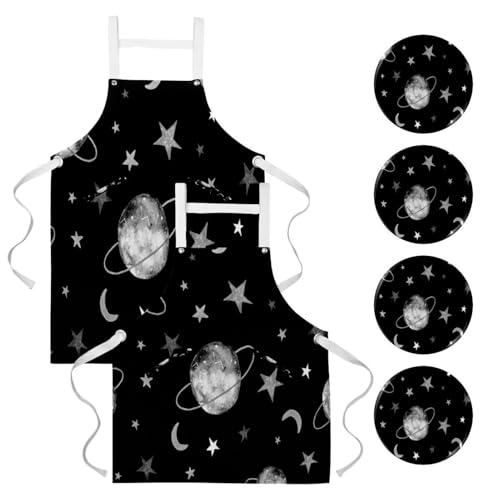 Lot de 2 tabliers de cuisine planète et lune avec 4 broches pour la pâtisserie