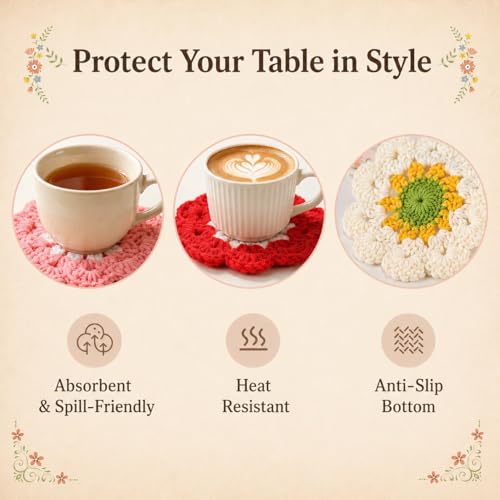 Coasters for Drinks Set of 5, Cute Flower Crochet Drink Coasters for Coffee Table and Desk, Absorbent Coaster Set for Coffee Mugs, Tabletop Protection, Aesthetic Home Decor, Gifts for Women — view 4