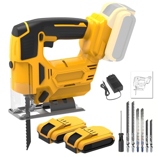 Electric Jigsaw, Variable Speed 3000RPM with Orbital Action, Tool-Less Blade Change, Dust Blower, Bevel Capacity 45°, for Woodworking and Metal Cutting (2 batteries)