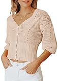 Womens 3/4 Sleeve Crop Sweaters Button Knit Bolero Cardigan Lightweight Crochet Cropped Short Sweate