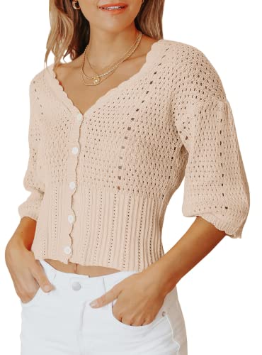 Womens 3/4 Sleeve Crop Sweaters Button Knit Bolero Cardigan Lightweight Crochet Cropped Short Sweater Shrug For Dress Apricot #TOP29