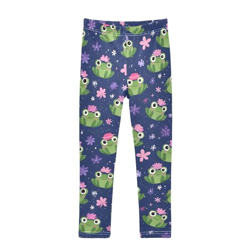 Cute Frog Pink Floral Girls Leggings Ultra Soft Compression Yoga Gym Pants for Kids 4-10T