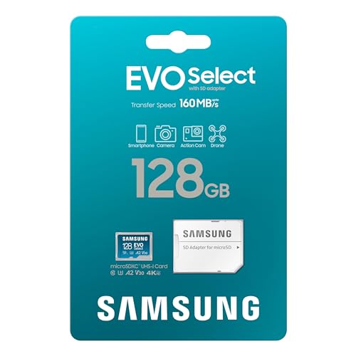 Samsung EVO Select microSD Memory Card + Adapter, 128GB microSDXC, Up-to 160 MB/s, 4K UHD, UHS-I, C10, U3, V30, A2, for Mobile Phone, Smartphones, Nintendo-Switch, and Tablets (MB-ME128SA/AM)