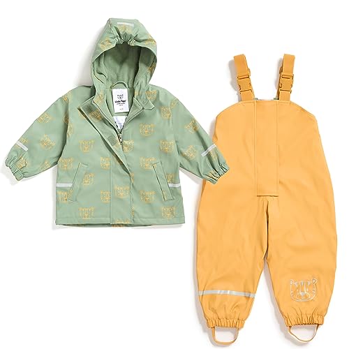 Regenanzug-Set für Kinder bestehend aus Regenhose und Regenjacke | gefüttert | Öko-Tex | winddicht | wasserdicht | Kapuze | Kinder Matsch Buddelanzug Jungen & Mädchen (86-92 (1-2 Jahre), grün-gelb)