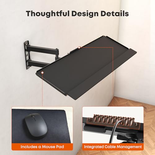 Image of PUTORSEN Wall Mount Keyboard Tray with Adjustable Arm, 7.6 inchx25.8 inch Platform | Holds up to 19.8 lbs,Ergonomic Swivel & Tilt, Universal Keyboard and Mouse Tray for Home Office, Gaming & Streaming