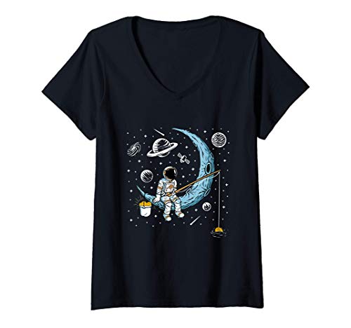 Mujer Astronaut Fishing Bitcoin Cryptocurrency - Funny Crypto Moon Camiseta Cuello V