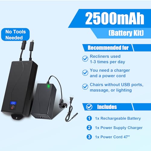 Universal Battery Pack for Reclining Furniture with LED Display- Wireless 2500mAh Rechargeable Battery for Electric Recliner, Power Sofa, Couch, Lift Chair- Fits 2-Pin Motion Furniture (with Charger) by Moovolt - Image 2