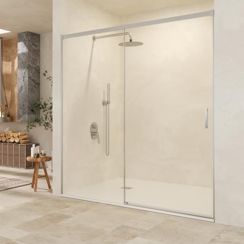 IMEX - Mampara Ducha Níquel Frontal 1 Fija + 1 Corredera 145cm | Mampara de Cristal Reversible con Ancho Adaptable 141 a 146 cm | Perfilería de Aluminio con 195cm de Altura y Cristal Templado Antical