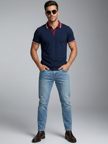 Image of Veirdo Men's Polo T-Shirt Regular Fit with Contrast Pattern & Striped Trim on Collar and Half Sleeves, Stylish Solid Casual, Weekend & Outdoor Wear (Sizes S to 2XL)