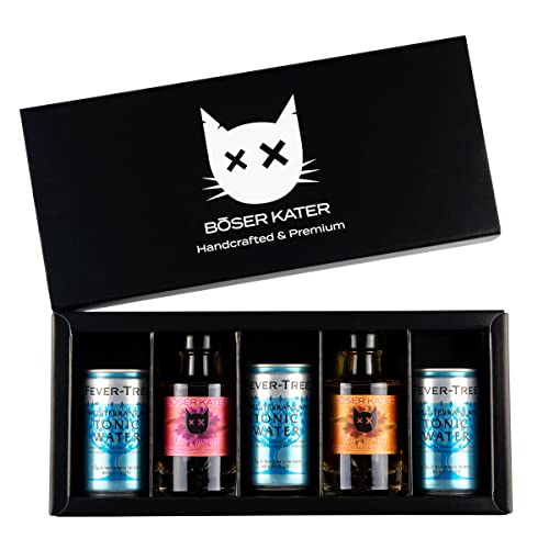 BÖSER KATER Gin-Aperitif Tasting-Set | Hochwertige Geschenkbox | Perfekte Geschenkidee | 2x 100ml Gin-Aperitif + 3x 150ml Fever Tree Tonic Water | Tasting für bis zu 5 Personen