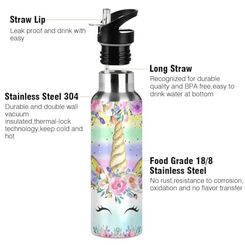 Unicorn Pink Water Bottle for Girls Kids Stainless Steel Drink Flask Straw Vacuum Insulated Leakproof for Sports 600 ml - Image 3