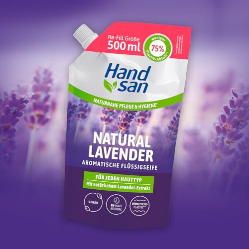 Hand san Flüssigseife Natural Lavender im Nachfüllbeutel | mit natürlichem Lavendelöl | Händewaschen & Gesichtsreinigung | Rezeptur ohne Mikroplastik | pH-hautneutral & vegan | 500ml