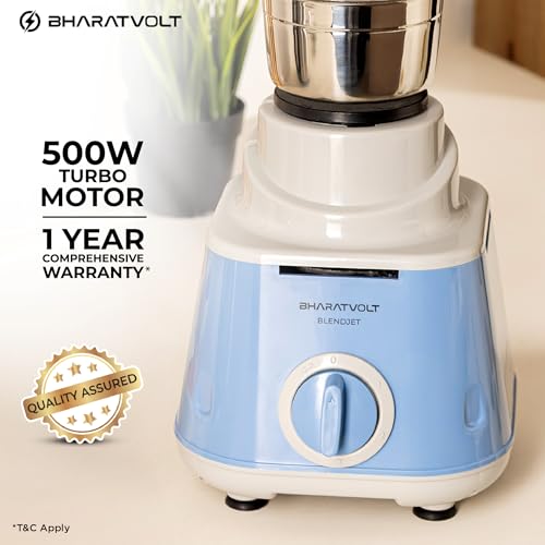 Image of Mixer Grinder | 500W Turbo Motor | 3 Stainless Steel Jars | Overload Protection, Leak Proof Lids, 3 Speed & Pulse Function | Powerful Mixer for Home Kitchen | Blue White