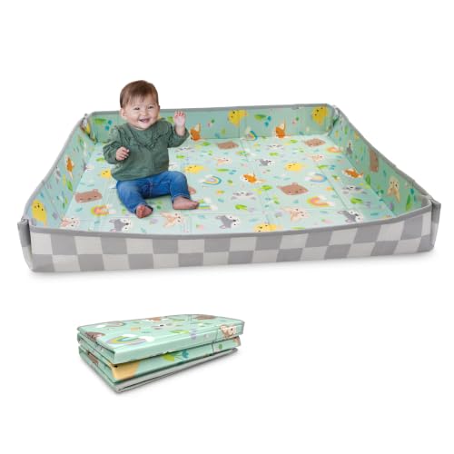 Image of Infantino Foldable Foam Play Mat, Animals, Reversible Fold & Go, 57x57 In | Roll, crawl, play. Soft cushioned mat for everyday adventures. Fold-up sides help keep toys nearby