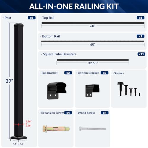 Image of Egadis 1 Pack 36 in. H x 5 ft. W Aluminum Stair Railing Kit with 1 Post, Black Textured Powder-Coat Finish Modular Aluminum Railing Kit for Outdoor Decks, Porches & Balconies (1 Post, 1 Panel)