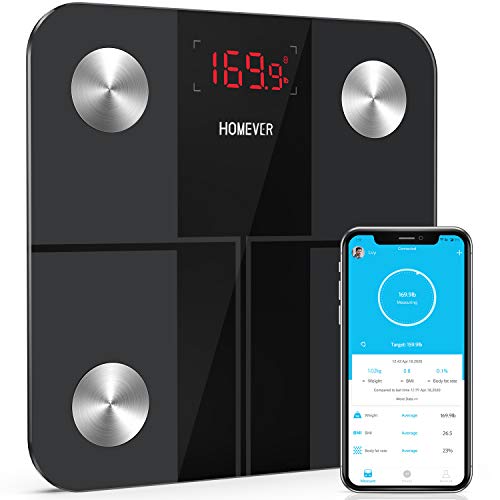 Bluetooth Body Fat Scale, HOMEVER Smart BMI Scale Digital Bathroom Wireless Weight Scale, Body Composition Analyzer with Smartphone App with Bluetooth, 400 lbs - Black