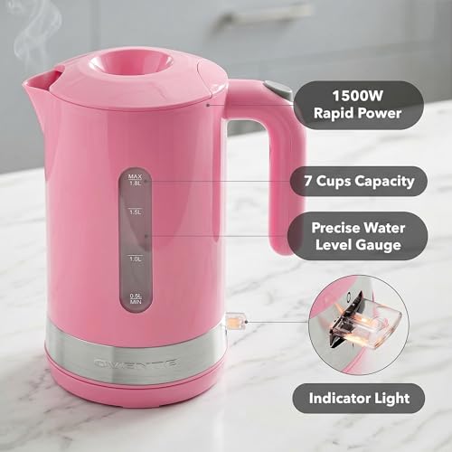 Image of OVENTE 1.8L Electric Kettle, BPA-Free with Easy-Fill Lid, Pink KP413P | 1500W Fast Boiling Water Heater, Auto Shut-Off, Boil-Dry Protection, 360 Swivel Base, Clear-View Window, Removable Filter