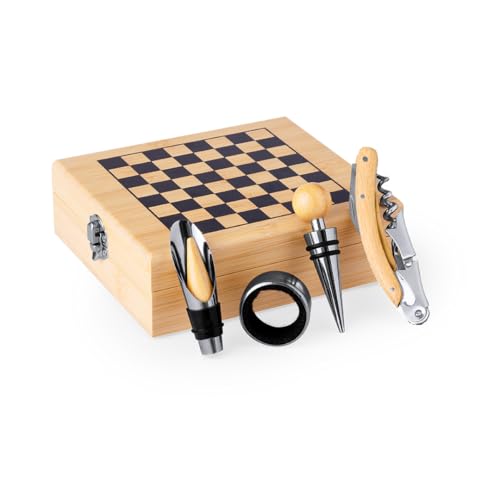 FOR ADVENTUR Set de Ajedrez de Bambú con Accesorios de Vino, Caja Decorativa Premium con Sacacorchos, Tapón, Vertedor y Aro Antigoteo – Juego Elegante para Regalo - imagen 4