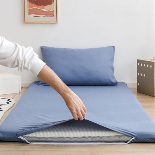 Washable Cotton Zipper Cover for Full Size Japanese Futon Mattress, Dust-Proof Soft Sleeping Mat Protector, White (120x200cm)