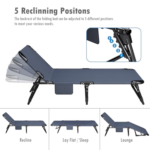 ATORPOK SHOP Foldable Sun Lounger with 4-Position Adjustable Backrest, Portable Multi-Use Camping Bed & Reclining Chaise Chair for Garden/Beach/Pool/Patio, Includes Padded Mattress & Pillow - Blue - Image 3
