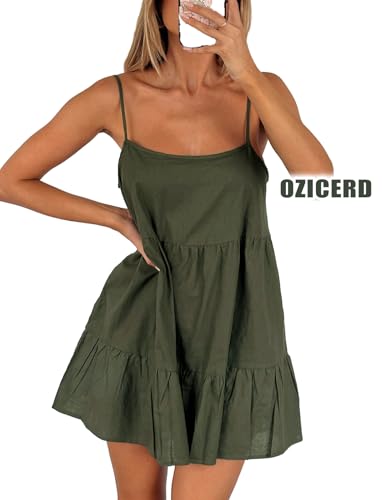 Image of OZICERD Flowy Short Sundress Mini Babydoll Dresses for Women Going Out Tiered Ruffle Beach Spaghetti Strap Swing Dress Cute